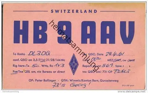 QSL - Funkkarte - HB9AAV - Switzerland - Wimmis - 1961