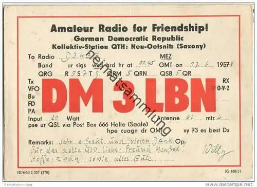 QSL - Funkkarte - DM 3 LBN - German Democratic Republic - Neu-Oelsnitz - 1958