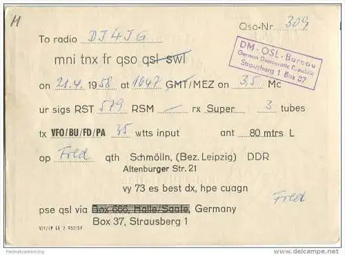 QSL - Funkkarte - DM3KRM - German Democratic Republic - Schmölln - 1958