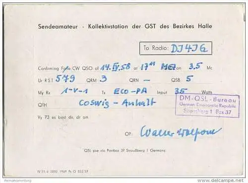 QSL - Funkkarte - DM3LBH - German Democratic Republic - Coswig - GST Bezirk Halle - 1958