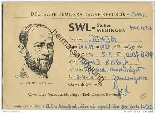 QSL - Funkkarte - DM3KHG - German Democratic Republic - SWL- Station Medingen - gel. 1958