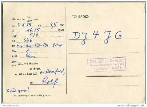 QSL - Funkkarte - DM3KPF - German Democratic Republic - Kombinat Schwarze Pumpe - 1959