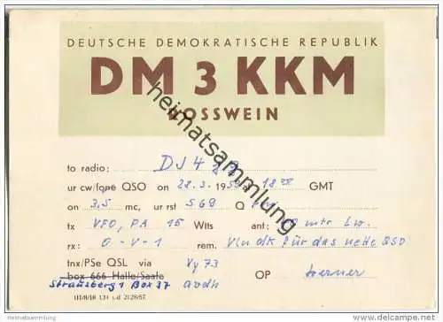 QSL - Funkkarte - DM3KKM - German Democratic Republic - Rosswein - 1959