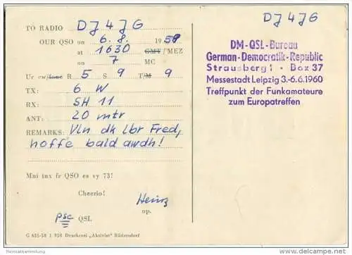 QSL - Funkkarte - DM2BCO - German Democratic Republic - Schöneiche bei Berlin - 1958