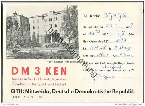 QSL - Funkkarte - DM3KEN - German Democratic Republic - Ingenieurschule Fritz Selbmann Mittweida - 1959