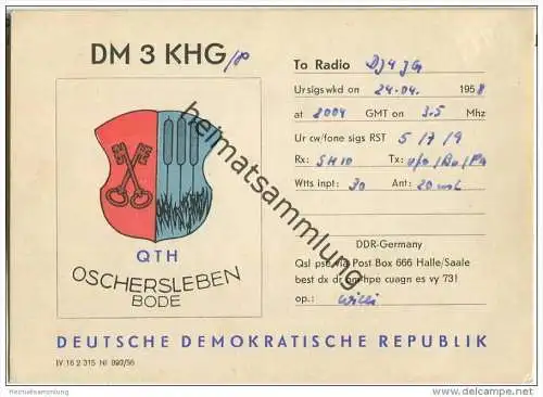 QSL - Funkkarte - DM3KHG - German Democratic Republic - Oschersleben Bode - 1958