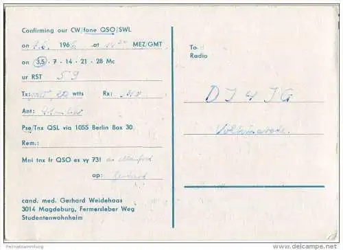QSL - Funkkarte - DM4WMG - German Democratic Republic - Magdeburg - 1966