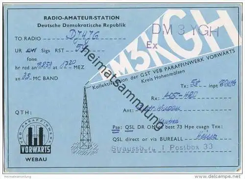 QSL - Funkkarte - DM3YGH - German Democratic Republic - VEB Paraffinwerk Vorwärts Webau - Hohenmölsen - 1959