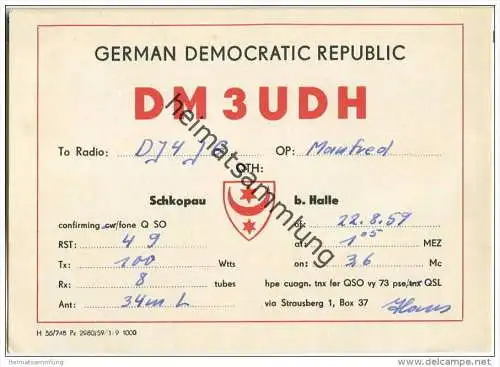 QSL - Funkkarte - DM3UDH - German Democratic Republic - Schkopau b. Halle - 1959