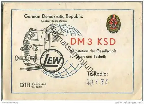 QSL - Funkkarte - DM3LEH - German Democratic Republic - Hennigsdorf b. Berlin - LEW - 1959