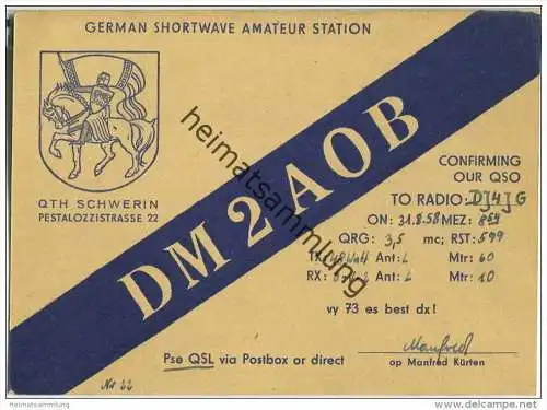 QSL - Funkkarte - DM 2 AOB - German Democratic Republic - Schwerin - 1958