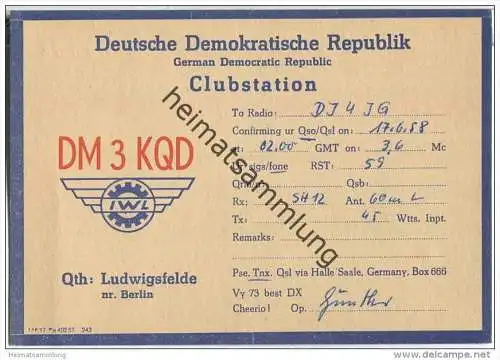 QSL - Funkkarte - DM 3 KQD - German Democratic Republic - Ludwigsfelde - 1958