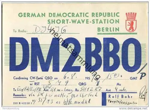 QSL - Funkkarte - DM2BBO - German Democratic Republic - Teupitz-Kohlgarten - 1959