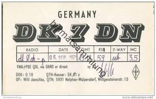 QSL - Funkkarte - DK7DN - Netphen-Walpersdorf - 1975