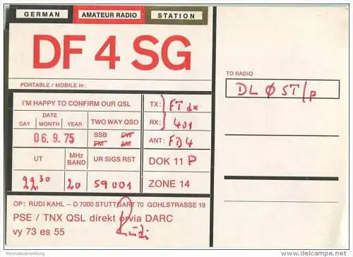 QSL - Funkkarte - DF4SG - Stuttgart - 1975