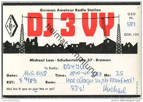 QSL - Funkkarte - DJ3VY - Bremen - 1958