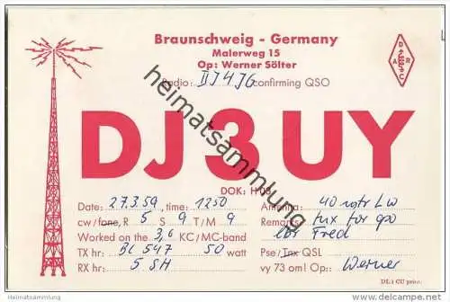 QSL - Funkkarte - DJ3UY - Braunschweig - 1959