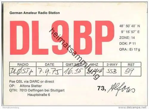 QSL - Funkkarte - DL9BP - Fellbach - Oeffingen - 1975