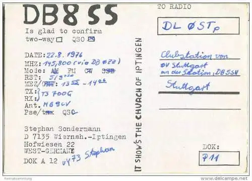 QSL - Funkkarte - DB8SS - Wiernsheim - Iptingen - 1976