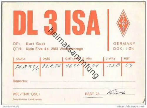 QSL - Funkkarte - DL3ISA - Ritterhude - Werschenrege - 1976