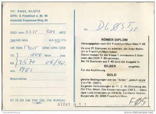 QSL - Funkkarte - DC9FI - Frankfurt - 1975