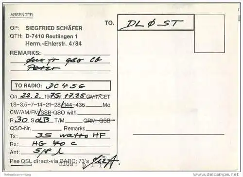 QSL - Funkkarte - DK7TO - Reutlingen - 1975
