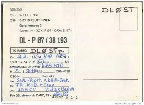 QSL - Funkkarte - DL - P 07 / 38 193 - Reutlingen - 1975