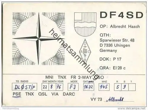 QSL - Funkkarte - DF4SD - Uhingen - 1976