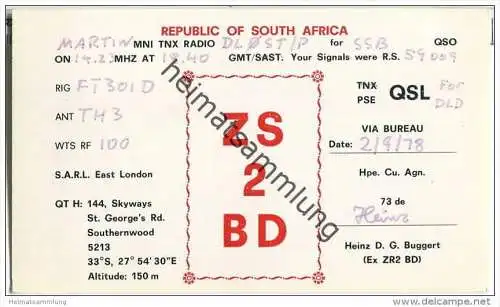 QSL - Funkkarte - ZS2BD - Südafrika - Southernwood - 1978
