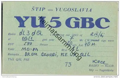 QSL - Funkkarte - YU5GBC - Makedonien - Stip - 1961