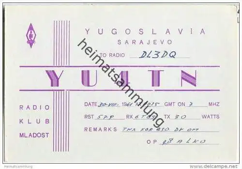 QSL - Funkkarte - YU4TN - Bosnien-Herzegowina - Sarajevo - 1961