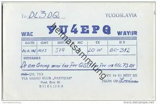 QSL - Funkkarte - YU4EPQ - Bosnien-Herzegowina - Bijeljina - 1961