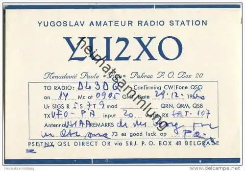 QSL - Funkkarte - YU2XO - Serbien - Belgrade - 1960