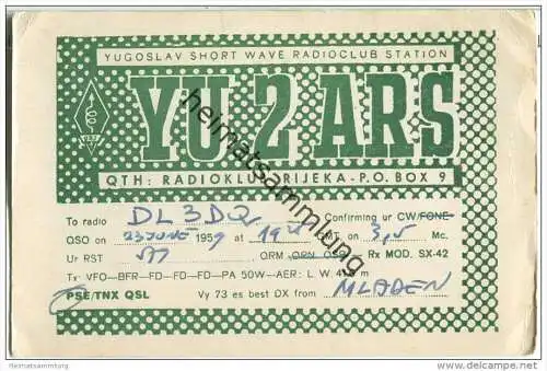 QSL - Funkkarte - YU2ARS - Kroatien - Rijeka - 1959