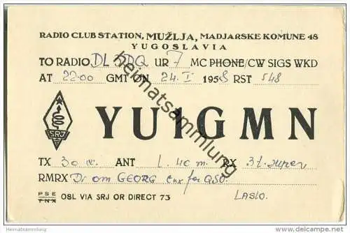QSL - Funkkarte - YU10W - Serbien - Zrenjanin - Muzlja - 1958