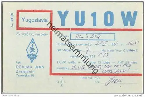 QSL - Funkkarte - YU10W - Serbien - Zrenjanin - 1958