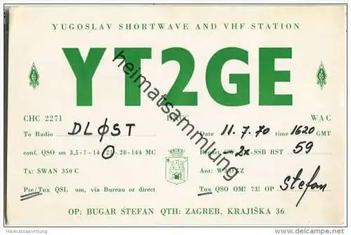 QSL - Funkkarte - YT2GE - Kroatien - Zagreb - 1970