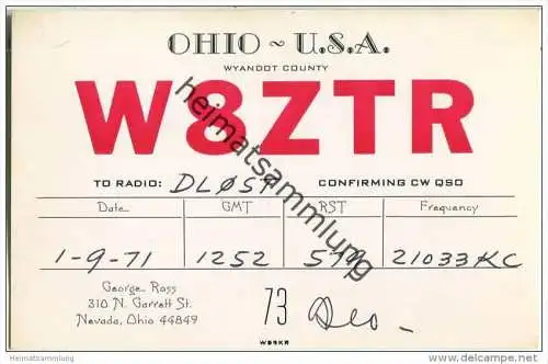 QSL - Funkkarte - W8ZTR - USA - Nevada Ohio - 1971