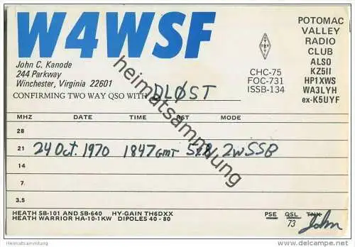 QSL - Funkkarte - W4WSF - USA - Winchester Virginia - 1970