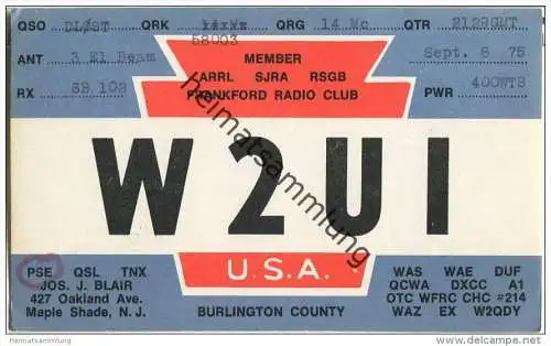 QSL - Funkkarte - W2UI - USA - Maple Shade New Jersey - 1975