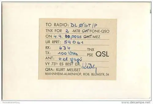 QSL - Funkkarte - DL6TU/P - Mannheim-Almenhof - 1960