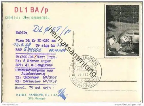 QSL - Funkkarte - DL1BA/P - Oberammergau - Foto - Stromversorgung aus Autobatterie - 1960