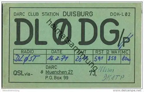 QSL - Funkkarte - DL0DG - Duisburg - 1971