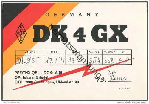 QSL - Funkkarte - DK4GX - Säckingen - 1971