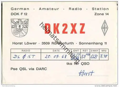 QSL - Funkkarte - DK2XZ - Melsungen - Röhrenfurth - 1968