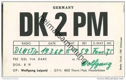 QSL - Funkkarte - DK2PM - Thann / Post Haarbrücken - 1968