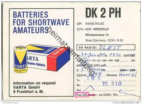 QSL - Funkkarte - DK2PH - Herzfeld - Lippetal - 1971