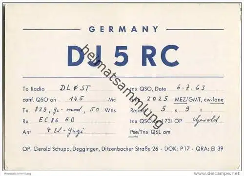 QSL - Funkkarte - DJ5RC - Deggingen - 1963