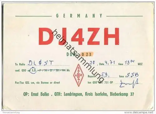 QSL - Funkkarte - DJ4ZH - Menden - Lendringsen - 1971