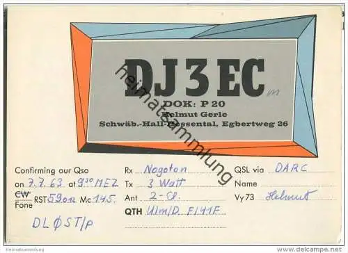 QSL - Funkkarte - DJ3EC - Schwäbisch Hall - Hessental - 1963